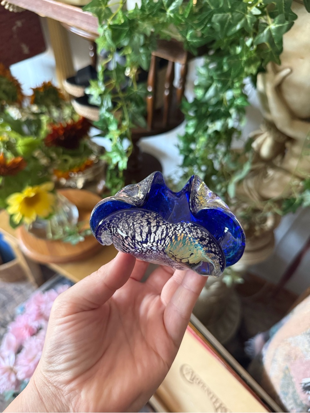 Cobalt Blue Murano Art Glass Dish with Iridescent Silver